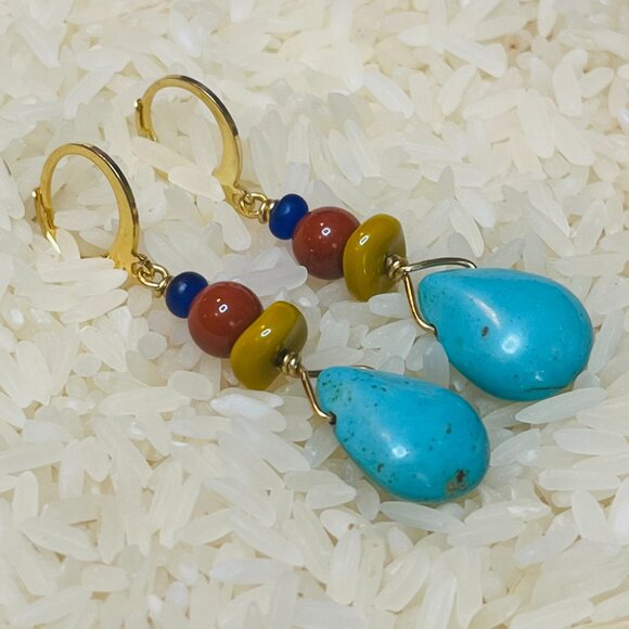 Bold Colorful Bohemian Drop Earrings Turquoise Howlite Teardrop - Picture 4 of 4
